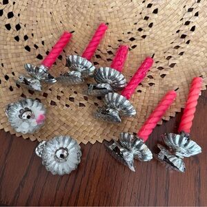 VTG Metal Tin Pinecone Christmas Tree Clip On Candle Holders Lot of 8 w Candles